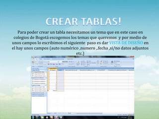 Para poder crear un tabla necesitamos un tema que en este caso en
 colegios de Bogotá escogemos los temas que queremos y por medio de
unos campos lo escribimos el siguiente paso es dar VISTA DE DISEÑO en
el hay unos campos (auto numérico ,numero ,.fecha ,si/no datos adjuntos
                                   etc.)
 