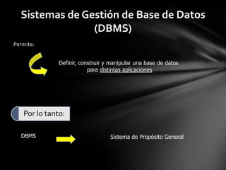 Sistemas de Gestión de Base de Datos
(DBMS)
Permite:
Definir, construir y manipular una base de datos
para distintas aplicaciones
Sistema de Propósito GeneralDBMS
Por lo tanto:
 