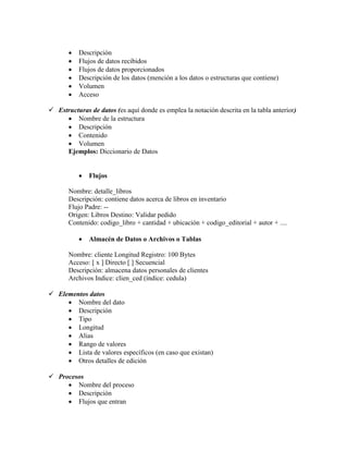  Descripción
 Flujos de datos recibidos
 Flujos de datos proporcionados
 Descripción de los datos (mención a los datos o estructuras que contiene)
 Volumen
 Acceso
 Estructuras de datos (es aquí donde es emplea la notación descrita en la tabla anterior)
 Nombre de la estructura
 Descripción
 Contenido
 Volumen
Ejemplos: Diccionario de Datos
 Flujos
Nombre: detalle_libros
Descripción: contiene datos acerca de libros en inventario
Flujo Padre: --
Origen: Libros Destino: Validar pedido
Contenido: codigo_libro + cantidad + ubicación + codigo_editorial + autor + ....
 Almacén de Datos o Archivos o Tablas
Nombre: cliente Longitud Registro: 100 Bytes
Acceso: [ x ] Directo [ ] Secuencial
Descripción: almacena datos personales de clientes
Archivos Indice: clien_ced (índice: cedula)
 Elementos datos
 Nombre del dato
 Descripción
 Tipo
 Longitud
 Alias
 Rango de valores
 Lista de valores específicos (en caso que existan)
 Otros detalles de edición
 Procesos
 Nombre del proceso
 Descripción
 Flujos que entran
 