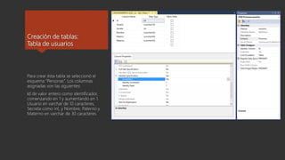 Creación de tablas:
Tabla de usuarios
Para crear ésta tabla se seleccionó el
esquema “Personas”. Los columnas
asignadas son las siguientes:
Id de valor entero como identificador,
comenzando en 1 y aumentando en 1.
Usuario en varchar de 10 caracteres,
Secreta como int, y Nombre, Paterno y
Materno en varchar de 30 caracteres.
 