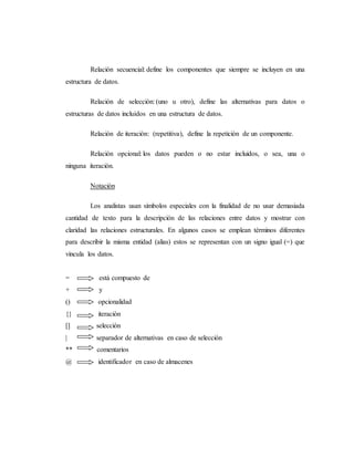 Relación secuencial: define los componentes que siempre se incluyen en una
estructura de datos.
Relación de selección: (uno u otro), define las alternativas para datos o
estructuras de datos incluidos en una estructura de datos.
Relación de iteración: (repetitiva), define la repetición de un componente.
Relación opcional: los datos pueden o no estar incluidos, o sea, una o
ninguna iteración.
Notación
Los analistas usan símbolos especiales con la finalidad de no usar demasiada
cantidad de texto para la descripción de las relaciones entre datos y mostrar con
claridad las relaciones estructurales. En algunos casos se emplean términos diferentes
para describir la misma entidad (alias) estos se representan con un signo igual (=) que
vincula los datos.
= está compuesto de
+ y
() opcionalidad
{} iteración
[] selección
| separador de alternativas en caso de selección
** comentarios
@ identificador en caso de almacenes
 