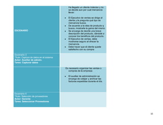Ha llegado un cliente indeciso y no
                                           se decide aun por cual mercancía
                                           llevar:

                                           El Ejecutivo de ventas se dirige al
                                           cliente y le pregunta qué tipo de
                                           mercancía busca.
                                           De acuerdo a la idea de producto q
                                           busca, mostrarle la gama del mismo
ESCENARIO                                  Se encarga de decirle una breve
                                           descripción del producto, dándole a
                                           conocer los benéficos del producto.
                                           El Ejecutivo de ventas, debe
                                           mostrarse seguro al ofrecer la
                                           mercancía.
                                           Debe hacer que el cliente quede
                                           satisfecho con su compra

Escenario 3
Título: Captura de datos en el sistema
Actor: Auxiliar de admón.
Tarea: Capturar datos

                                         Es necesario organizar las ventas o
                                           compras de la empresa:

                                           El auxiliar de administración se
                                           encarga de cotejar y archivar las
                                           facturas expedidas durante el día.




Escenario 4
Título: Selección de proveedores
Actor: Gerente
Tarea: Seleccionar Proveedores




                                                                                 10
 