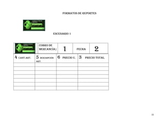 Formatos de reportes




                        Escenario 1



                Cobro de
                mercancía|      1           fecha     2
4 cant.art.   5 descripción 6   precio u.    3   precio total
              art.




                                                                15
 
