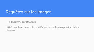 Requêtes sur les images
❖Recherche par structure
Utilisé pour lister ensemble de vidéo par exemple par rapport un thème
chercher.
 