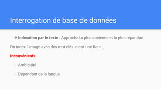Interrogation de base de données
❖Indexation par le texte : Approche la plus ancienne et la plus répandue
On index l’ image avec des mot clés c est une fleur ..
Inconvénients
- Ambiguïté
- Dépendant de la langue
 