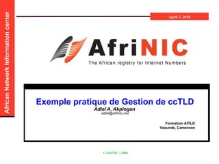 Exemple pratique de Gestion de ccTLD Adiel A. Akplogan   [email_address] Formation AfTLD Yaoundé, Cameroon 