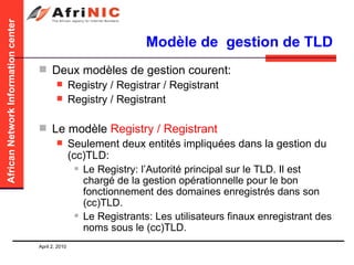Modèle de  gestion de TLD Deux modèles de gestion courent: Registry / Registrar / Registrant Registry / Registrant Le modèle  Registry / Registrant Seulement deux entités impliquées dans la gestion du (cc)TLD: Le Registry: l’Autorité principal sur le TLD. Il est chargé de la gestion opérationnelle pour le bon fonctionnement des domaines enregistrés dans son (cc)TLD.  Le Registrants: Les utilisateurs finaux enregistrant des noms sous le (cc)TLD. 
