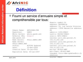 Définition Fourni un service d’annuaire simple et compréhensible par tous: Domain Name:  AKPLOGAN.COM  Registrar:  GANDI  Whois Server:  whois.gandi.net  Referral URL:  http:// www.gandi.net   Name Server:  FULL1.GANDI.NET Name Server:  FULL2.GANDI.NET  Status:  ACTIVE Updated  Date:  12-dec-2004  Creation Date: 30-jan-2003  Expiration Date: 30-jan-2007   domain: symbol.fr  address: AUSTRALIA  address: 52, rue Sainte Victoire address: 13006 Marseille address: FR  admin-c: CJ20-FRNIC  tech-c: DD2582-FRNIC  zone-c: NFC1-FRNIC  nserver: pri1.dns.psinet.fr 154.15.252.166  nserver: pri2.dns.psinet.fr 154.15.252.170  nserver: pri3.dns.psinet.fr 154.15.252.174  mnt-by: FR-NIC-MNT  mnt-lower: FR-NIC-MNT  changed: frnic-dbm-updates@nic.fr 20001218  source: FRNIC  