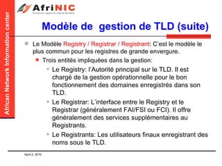 Modèle de  gestion de TLD (suite) Le Modèle  Registry / Registrar / Registrant : C’est le modèle le plus commun pour les registres de grande envergure. Trois entités impliquées dans la gestion: Le Registry: l’Autorité principal sur le TLD. Il est chargé de la gestion opérationnelle pour le bon fonctionnement des domaines enregistrés dans son TLD.  Le Registrar: L’interface entre le Registry et le Registrar (généralement FAI/FSI ou FCI). Il offre généralement des services supplémentaires au Registrants. Le Registrants: Les utilisateurs finaux enregistrant des noms sous le TLD. 
