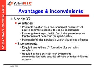 Avantages & inconvénients Modèle 3R: Avantages:  Permet la création d’un environnement concurrentiel pour la commercialisation des noms de domaine; Permet grâce à la proximité d’avoir des procédures de fonctionnement beaucoup plus participatifs.  Permet d’offrir des services a valeur ajouté plus efficaces Inconvénients: Requiert un système d’Information plus ou moins complexe. Requiert la mise en place d’un système de communication et de sécurité efficace entre les différents acteurs. 
