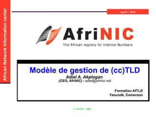 Modèle de gestion de (cc)TLD Adiel A. Akplogan   (CEO, AfriNIC) -  [email_address] Formation AfTLD Yaoundé, Cameroon 