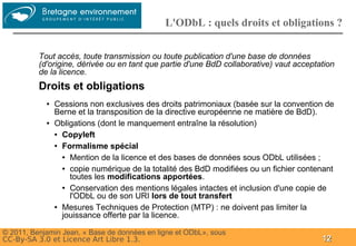 Groupe
                                              L'ODbL : quels droits et obligations ?


          Tout accès, toute transmission ou toute publication d'une base de données
          (d'origine, dérivée ou en tant que partie d'une BdD collaborative) vaut acceptation
          de la licence.
          Droits et obligations
            ●   Cessions non exclusives des droits patrimoniaux (basée sur la convention de
                Berne et la transposition de la directive européenne ne matière de BdD).
            ●   Obligations (dont le manquement entraîne la résolution)
                ● Copyleft


                ● Formalisme spécial


                  ● Mention de la licence et des bases de données sous ODbL utilisées ;


                  ● copie numérique de la totalité des BdD modifiées ou un fichier contenant

                    toutes les modifications apportées.
                  ● Conservation des mentions légales intactes et inclusion d'une copie de

                    l'ODbL ou de son URI lors de tout transfert
                ● Mesures Techniques de Protection (MTP) : ne doivent pas limiter la

                  jouissance offerte par la licence.

© 2011, Benjamin Jean, « Base de données en ligne et ODbL», sous
CC-By-SA 3.0 et Licence Art Libre 1.3.                                                   12
 