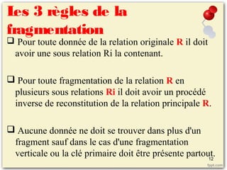 Les 3 règles de la
fragmentation
 Pour toute donnée de la relation originale R il doit
avoir une sous relation Ri la contenant.
 Pour toute fragmentation de la relation R en
plusieurs sous relations Ri il doit avoir un procédé
inverse de reconstitution de la relation principale R.
 Aucune donnée ne doit se trouver dans plus d'un
fragment sauf dans le cas d'une fragmentation
verticale ou la clé primaire doit être présente partout.12
 