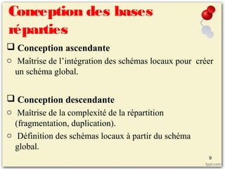 Conception des bases
réparties
 Conception ascendante
o Maîtrise de l’intégration des schémas locaux pour créer
un schéma global.
 Conception descendante
o Maîtrise de la complexité de la répartition
(fragmentation, duplication).
o Définition des schémas locaux à partir du schéma
global.
9
 