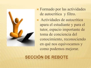 SECCIÓN DE REBOTEFormado por las actividades de autocrítica  y filtro. Actividades de autocrítica apara el estudiante y para el tutor, espacio importante de toma de conciencia del conocimiento, reconociendo en qué nos equivocamos y como podemos mejorar.