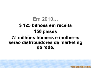 Em 2010…
         $ 125 bilhões em receita
                 150 países
      75 milhões homens e mulheres
     serão distribuidores de marketing
                  de rede.


10
 