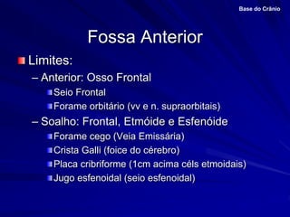 Fossa Anterior
Limites:
– Anterior: Osso Frontal
Seio Frontal
Forame orbitário (vv e n. supraorbitais)
– Soalho: Frontal, Etmóide e Esfenóide
Forame cego (Veia Emissária)
Crista Galli (foice do cérebro)
Placa cribriforme (1cm acima céls etmoidais)
Jugo esfenoidal (seio esfenoidal)
Base do Crânio
 