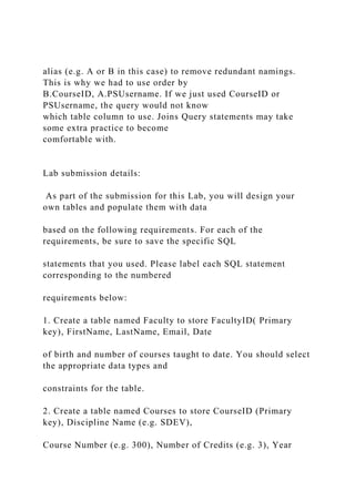 alias (e.g. A or B in this case) to remove redundant namings.
This is why we had to use order by
B.CourseID, A.PSUsername. If we just used CourseID or
PSUsername, the query would not know
which table column to use. Joins Query statements may take
some extra practice to become
comfortable with.
Lab submission details:
As part of the submission for this Lab, you will design your
own tables and populate them with data
based on the following requirements. For each of the
requirements, be sure to save the specific SQL
statements that you used. Please label each SQL statement
corresponding to the numbered
requirements below:
1. Create a table named Faculty to store FacultyID( Primary
key), FirstName, LastName, Email, Date
of birth and number of courses taught to date. You should select
the appropriate data types and
constraints for the table.
2. Create a table named Courses to store CourseID (Primary
key), Discipline Name (e.g. SDEV),
Course Number (e.g. 300), Number of Credits (e.g. 3), Year
 