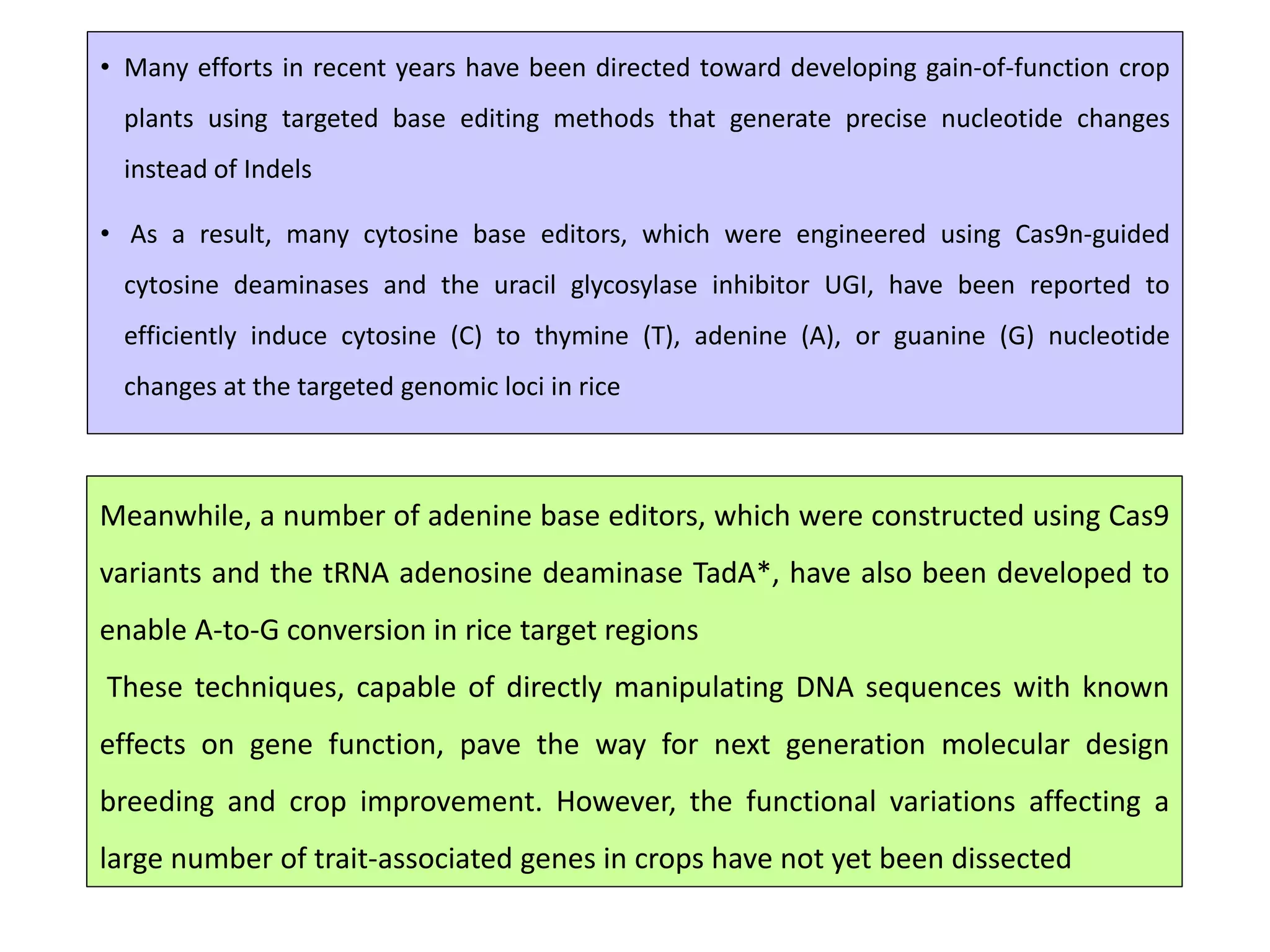 • Many efforts in recent years have been directed toward developing gain-of-function crop
plants using targeted base editing methods that generate precise nucleotide changes
instead of Indels
• As a result, many cytosine base editors, which were engineered using Cas9n-guided
cytosine deaminases and the uracil glycosylase inhibitor UGI, have been reported to
efficiently induce cytosine (C) to thymine (T), adenine (A), or guanine (G) nucleotide
changes at the targeted genomic loci in rice
Meanwhile, a number of adenine base editors, which were constructed using Cas9
variants and the tRNA adenosine deaminase TadA*, have also been developed to
enable A-to-G conversion in rice target regions
These techniques, capable of directly manipulating DNA sequences with known
effects on gene function, pave the way for next generation molecular design
breeding and crop improvement. However, the functional variations affecting a
large number of trait-associated genes in crops have not yet been dissected
 
