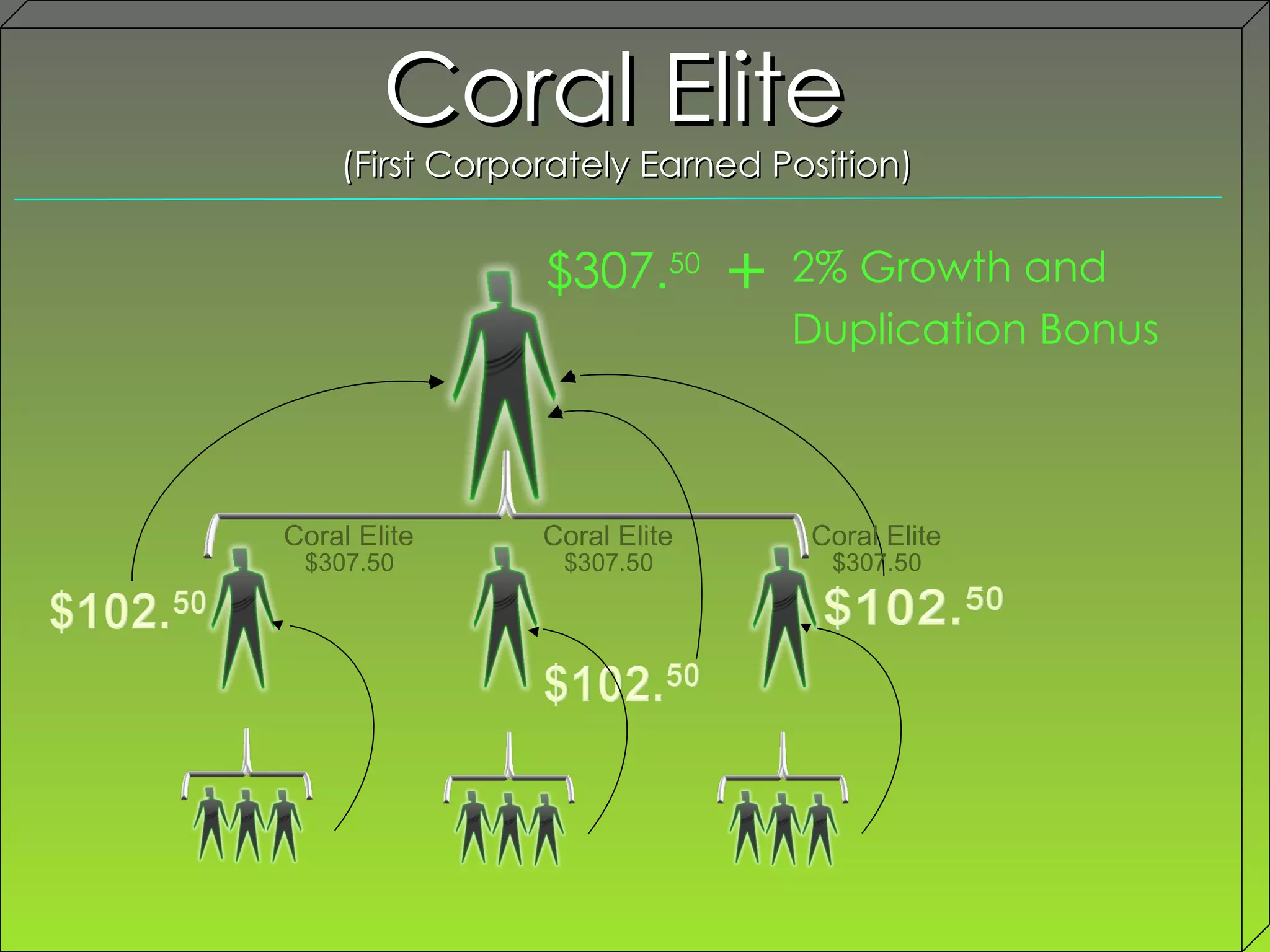 Coral Elite  (First Corporately Earned Position) Coral Elite $307.50 Coral Elite $307.50 Coral Elite $307.50 2% Growth and  Duplication Bonus $307. 50 + 