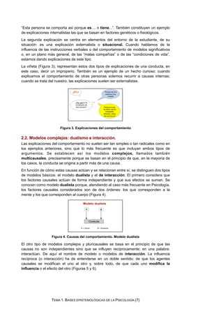 “Esta persona se comporta así porque es.... o tiene...”. También constituyen un ejemplo
de explicaciones internalistas las que se basan en factores genéticos o fisiológicos.
La segunda explicación se centra en elementos del entorno de la estudiante, de su
situación: es una explicación externalista o situacional. Cuando hablamos de la
influencia de las instrucciones verbales o del comportamiento de modelos significativos
o, en un plano más general, de las “malas compañías” o de las “condiciones de vida”,
estamos dando explicaciones de este tipo.
La viñeta (Figura 3), representan estos dos tipos de explicaciones de una conducta, en
este caso, decir un improperio. También es un ejemplo de un hecho curioso: cuando
explicamos el comportamiento de otras personas solemos recurrir a causas internas;
cuando se trata del nuestro, las explicaciones suelen ser externalistas.
Figura 3. Explicaciones del comportamiento
2.2. Modelos complejos: dualismo e interacción.
Las explicaciones del comportamiento no suelen ser tan simples o tan radicales como en
los ejemplos anteriores, sino que lo más frecuente es que incluyan ambos tipos de
argumentos. Se establecen así los modelos complejos, llamados también
multicausales, precisamente porque se basan en el principio de que, en la mayoría de
los casos, la conducta se origina a partir más de una causa.
En función de cómo estas causas actúan y se relacionan entre sí, se distinguen dos tipos
de modelos básicos: el modelo dualista y el de interacción. El primero considera que
los factores causales actúan de forma independiente y que sus efectos se suman. Se
conocen como modelo dualista porque, atendiendo al caso más frecuente en Psicología,
los factores causales considerados son de dos órdenes: los que corresponden a la
mente y los que corresponden al cuerpo (Figura 4).
Figura 4. Causas del comportamiento. Modelo dualista
El otro tipo de modelos complejos y pluricausales se basa en el principio de que las
causas no son independientes sino que se influyen recíprocamente; en una palabra:
interactúan. De aquí el nombre de modelo o modelos de interacción. La influencia
recíproca (o interacción) ha de entenderse en un doble sentido: de que los agentes
causales se modifican el uno al otro y, sobre todo, de que cada uno modifica la
influencia o el efecto del otro (Figuras 5 y 6).
TEMA 1. BASES EPISTEMOLÓGICAS DE LA PSICOLOGÍA (7)
 