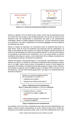 Figuras 5 y 6. Causas del comportamiento. Modelo de interacción
Veamos un ejemplo. Como se habrá intuido, existe un tercer tipo de descripciones para
dar cuenta de lo que le pasa a esa estudiante ejemplar: son las que se centran en las
relaciones entre las características y disposiciones del sujeto y las características
ambientales. Desde un modelo dualista se razonaría así: “Su buen rendimiento se debe
a su motivación, a su orden y regularidad en los estudios y también a la buena calidad de
la enseñanza que recibe.”
Desde un modelo de interacción, los comentarios sobre la estudiante discurrirían en
estas líneas: “Este es el tipo de enseñanza más adecuado para las capacidades y el
estilo de aprendizaje de esta muchacha. Su método de trabajo le permite aprovechar al
máximo las oportunidades que ofrece este ambiente docente. Su nivel de conocimientos
es equivalente al del resto de los compañeros, por lo que puede obtener el máximo
rendimiento del trabajo en equipo y de la observación de los modelos constituidos por
sus estrategias de estudio y de solución de problemas.”
Veamos otro ejemplo, más general (Figura 7). A la pregunta: ¿qué determina el compor-
tamiento, los genes o la educación? (la famosa contraposición entre naturaleza y educa-
ción o, en inglés, nature versus nurture), la respuesta es: ambos. En esto estarían de
acuerdo los dos modelos. Las diferencias entre ellos aparecen a partir de aquí. Citando a
Ana Anastasi, la pregunta crucial es cómo lo hacen (V. Anastasi 1976) y, por tanto, ha de
formularse así: ¿De qué manera genes y educación, dan lugar a un comportamiento de-
terminado? (Figura 8)
Figura 7. Explicaciones del comportamiento.
Nota: C.I. quiere decir Cociente -no coeficiente- Intelectual
Figura 8. Explicaciones del comportamiento
Los dualistas, como se ha dicho, responderían que actúan de forma independiente y sus
efectos, cuando lo hacen conjuntamente, se suman. Desde la óptica de un modelo de
interacción se considera que ambos actúan, pero no de forma independiente sino, como
TEMA 1. BASES EPISTEMOLÓGICAS DE LA PSICOLOGÍA (8)
 
