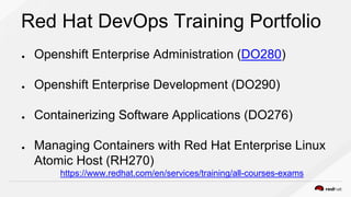 Red Hat DevOps Training Portfolio
● Openshift Enterprise Administration (DO280)
● Openshift Enterprise Development (DO290)
● Containerizing Software Applications (DO276)
● Managing Containers with Red Hat Enterprise Linux
Atomic Host (RH270)
https://www.redhat.com/en/services/training/all-courses-exams
 