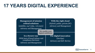 17 YEARS DIGITAL EXPERIENCE
71
Management of mission
critical solutions
(stability, 24/7/365, +16 years)
Advisory and Management
With the right cloud
(Hybrid, public, private,DC)
Advisory and Management
In a Secure way
(With best of breed infosec and
compliance Services)
Advisory and Management
For digital innovation
(DevOps)
Advisory and Self -Service
We enable your
digital ambitions
 