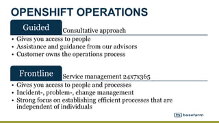OPENSHIFT OPERATIONS
Consultative approachGuided
• Gives you access to people
• Assistance and guidance from our advisors
• Customer owns the operations process
Service management 24x7x365Frontline
• Gives you access to people and processes
• Incident-, problem-, change management
• Strong focus on establishing efficient processes that are
independent of individuals
 