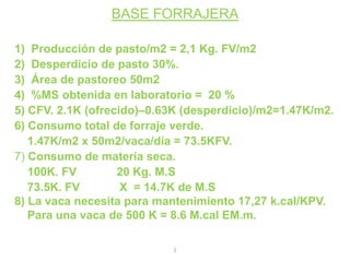 1)  Producción de pasto/m2 = 2,1 Kg. FV/m2 2)  Desperdicio de pasto 30%.  3)  Área de pastoreo 50m2 4)  %MS obtenida en laboratorio =  20 % 5) CFV. 2.1K (ofrecido)–0.63K (desperdicio)/m2=1.47K/m2. 6) Consumo total de forraje verde.     1.47K/m2 x 50m2/vaca/día = 73.5KFV.  7) Consumo de materia seca.     100K. FV	          20 Kg. M.S     73.5K. FV  	X  = 14.7K de M.S 8) La vaca necesita para mantenimiento 17,27 k.cal/KPV.      Para una vaca de 500 K = 8.6 M.cal EM.m. 1 BASE FORRAJERA 