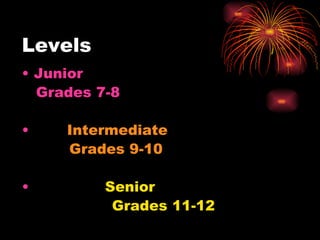 Levels Junior Grades 7-8 Intermediate  Grades 9-10 Senior Grades 11-12 