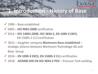 1. Introduction - History of Base
5
✓ 1990 – Base established
✓ 2005 – ISO 9001:2008 certification
✓ 2014 – ISO 14001:2008, ISO 3834-2, EN 1090-2 EXC3,
EN 15085-2 CL2 certification
✓ 2015 – daughter company Wartmann Base established –
strategic alliance between Wartmann Technologie AG and
Base Group
✓ 2016 – EN 1090-3 EXC3, EN 15085-2 CL1 certification
✓ 2018 - AD2000 DIN EN ISO 3834-2 PED – Pressure Tank welding
 