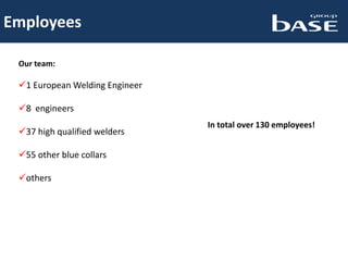 Employees
Our team:
1 European Welding Engineer
8 engineers
37 high qualified welders
55 other blue collars
others
In total over 130 employees!
 