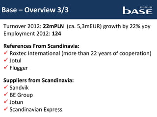 Base – Overview 3/3
Turnover 2012: 22mPLN (ca. 5,3mEUR) growth by 22% yoy
Employment 2012: 124
References From Scandinavia:
 Roxtec International (more than 22 years of cooperation)
 Jotul
 Flügger
Suppliers from Scandinavia:
 Sandvik
 BE Group
 Jotun
 Scandinavian Express
 
