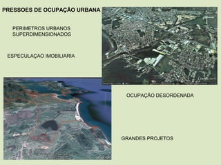 OCUPAÇÃO DESORDENADA
GRANDES PROJETOS
PRESSOES DE OCUPAÇÃO URBANA
PERIMETROS URBANOS
SUPERDIMENSIONADOS
ESPECULAÇAO IMOBILIARIA
 