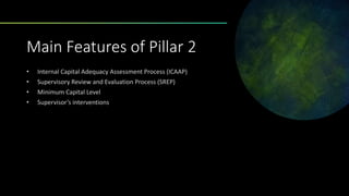 Main Features of Pillar 2
• Internal Capital Adequacy Assessment Process (ICAAP)
• Supervisory Review and Evaluation Process (SREP)
• Minimum Capital Level
• Supervisor’s interventions
 