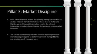 Pillar 3: Market Discipline
• Pillar 3 aims to ensure market discipline by making it mandatory to
disclose relevant market information. This is done to make sure
that the users of financial information receive the relevant
information to make informed trading decisions and ensure market
discipline.
• The Greater transparency in banks’ financial reporting will allow
marketplace participants to better reward well-managed banks
and penalize poorly-managed ones.
 