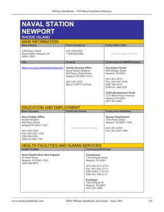 Military Handbooks – 2010 Base Installation Directory




       NAVAL STATION
       NEWPORT
       RHODE ISLAND
       MAIN INFORMATION
       Base Address                              Phone Number(s)                    Public Affairs Office

       1260 Peary Street                         (401) 849-4500
       Naval Station Newport, RI                 1-800-628-9466                          No Information Provided
       02841-1629

       URL                                       Housing                            Community Info (MWR/Centers)

       https://cnic.navy.mil/newport/index.htm   Family Housing Office              Recreation Center
                                                 Naval Station Newport              656 Whipple Street
                                                 690 Peary Street Street            Newport, RI 02841
                                                 Newport, RI 02841-1513
                                                                                    (401) 841-2575
                                                 (401) 841-2232                     Fax: (401) 841-3376
                                                 800-217-0875 Toll Free             DSN: 984-2575
                                                                                    DSN Fax: 948-3376

                                                                                    Child Development Youth
                                                                                    1121 Meyer Kourd Avenue
                                                                                    Newport, RI 02841
                                                                                    (401) 841-2883

       EDUCATION AND EMPLOYMENT
       Base Education                            DoD/Public School                  Employment Readiness

       Navy College Office                                                          Spouse Employment
       Navsta Newport                                                               1260 Peary Street
       690 Peary Street                                                             Newport RI 02841-1629
       Newport RI 02841-1522
                                                     No Information Provided        (401) 841-2283
       (401) 841-3030                                                               Fax: (401) 841-1586
       Fax: (401) 841-1793
       DSN 948-3030
       DSN Fax 948-1793

       HEALTH FACILITIES AND HUMAN SERVICES
       Health Facilities                                           Commissary/Exchange

       Naval Health Clinic New England                             Commissary
       43 Smith Road                                               1163 Whipple Street
       Newport, RI 02841-1002                                      Newport, RI 02841
       (888) 628-9633
                                                                   (401) 841-2111,2112
                                                                   Fax: (401) 841-2113
                                                                   DSN: 948-2111/2112
                                                                   DSN Fax: 948-2113

                                                                   Exchange
                                                                   1285 Whipple St
                                                                   Newport, RI 02841
                                                                   (401) 841-3958




www.militaryhandbooks.com                        FREE Military Handbooks and Guides – Since 2001                   156
 