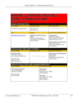 Military Handbooks – 2010 Base Installation Directory




         MARINE CORPS RECRUITING
         DEPOT PARRIS ISLAND
         SOUTH CAROLINA
         MAIN INFORMATION
         Base Address                        Phone Number(s)                    Public Affairs Office

         Parris Island, SC 29905-9001        DSN: 335-1110                           No Information Provided
                                             (843) 228-2111

         URL                                 Housing                            Community Info (MWR/Centers)

         http://www.mcrdpi.usmc.mil/         MCRD Parris Island Housing         Youth Centers
                                             Office                             MCRD Parris Island
                                             402 Boulevard De France            Parris Island SC 29905-0100
                                             Parris Island, SC 29905-9001       (843) 228-3302 Ext. 7344
                                             (843) 228-2853
                                                                                Morale, Welfare and Recreation
                                                                                MCRD Parris Island
                                                                                Parris Island SC 29905-0100
                                                                                (843) 228-3301

         EDUCATION AND EMPLOYMENT
         Base Education                      DoD/Public School                  Employment Readiness

         Education Office                                                       Marine Corps Recruiting Depot
         923 Chosin Reservoir                                                   Parris Island
         Parris Island SC 29905-0100             No Information Provided        Building 923
                                                                                Parris Island SC 29905-0100
         (843) 228-2152                                                         (843) 228-3377
         DSN 335-2152
         DSN Fax 335-2161

         HEALTH FACILITIES AND HUMAN SERVICES
         Health Facilities                                     Commissary/Exchange

         Naval Hospital Beaufort                               Commissary
         1 Pinckney Boulevard                                  Building 407
         Beaufort, SC 29902                                    Parris Island, SC 29905
                                                               (843) 228-2679
         (843) 228-5600
         DSN: 335-5600                                         Exchange
                                                               Parris Island, SC 29905
                                                               (843) 228-3301
                                                               DSN: 335-3301




www.militaryhandbooks.com                      FREE Military Handbooks and Guides – Since 2001                   160
 