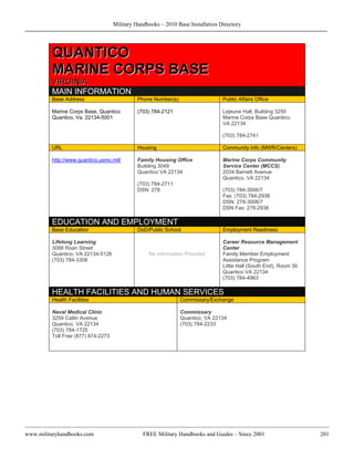 Military Handbooks – 2010 Base Installation Directory




         QUANTICO
         MARINE CORPS BASE
         VIRGINIA
         MAIN INFORMATION
         Base Address                         Phone Number(s)                    Public Affairs Office

         Marine Corps Base, Quantico          (703) 784-2121                     Lejeune Hall, Building 3250
         Quantico, Va. 22134-5001                                                Marine Corps Base Quantico,
                                                                                 VA 22134

                                                                                 (703) 784-2741

         URL                                  Housing                            Community Info (MWR/Centers)

         http://www.quantico.usmc.mil/        Family Housing Office              Marine Corps Community
                                              Building 3049                      Service Center (MCCS)
                                              Quantico VA 22134                  2034 Barnett Avenue
                                                                                 Quantico, VA 22134
                                              (703) 784-2711
                                              DSN: 278                           (703) 784-3006/7
                                                                                 Fax: (703) 784-2936
                                                                                 DSN: 278-3006/7
                                                                                 DSN Fax: 278-2936

         EDUCATION AND EMPLOYMENT
         Base Education                       DoD/Public School                  Employment Readiness

         Lifelong Learning                                                       Career Resource Management
         3088 Roan Street                                                        Center
         Quantico, VA 22134-5126                  No Information Provided        Family Member Employment
         (703) 784-3308                                                          Assistance Program
                                                                                 Little Hall (South End), Room 30
                                                                                 Quantico VA 22134
                                                                                 (703) 784-4963

         HEALTH FACILITIES AND HUMAN SERVICES
         Health Facilities                                      Commissary/Exchange

         Naval Medical Clinic                                   Commissary
         3259 Catlin Avenue                                     Quantico, VA 22134
         Quantico, VA 22134                                     (703) 784-2233
         (703) 784-1725
         Toll Free (877) 874-2273




www.militaryhandbooks.com                       FREE Military Handbooks and Guides – Since 2001                     201
 
