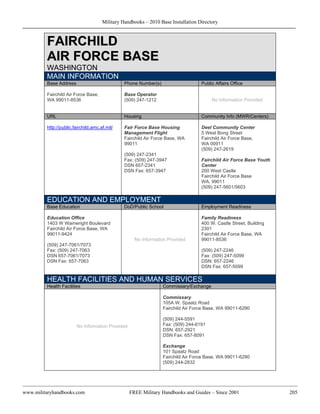 Military Handbooks – 2010 Base Installation Directory



         FAIRCHILD
         AIR FORCE BASE
         WASHINGTON
         MAIN INFORMATION
         Base Address                           Phone Number(s)                    Public Affairs Office

         Fairchild Air Force Base,              Base Operator
         WA 99011-8536                          (509) 247-1212                          No Information Provided


         URL                                    Housing                            Community Info (MWR/Centers)

         http://public.fairchild.amc.af.mil/    Fair Force Base Housing            Deel Community Center
                                                Management Flight                  5 West Bong Street
                                                Fairchild Air Force Base, WA       Fairchild Air Force Base,
                                                99011                              WA 00911
                                                                                   (509) 247-2619
                                                (509) 247-2341
                                                Fax: (509) 247-3947                Fairchild Air Force Base Youth
                                                DSN 657-2341                       Center
                                                DSN Fax: 657-3947                  200 West Castle
                                                                                   Fairchild Air Force Base
                                                                                   WA, 99011
                                                                                   (509) 247-5601/5603

         EDUCATION AND EMPLOYMENT
         Base Education                         DoD/Public School                  Employment Readiness

         Education Office                                                          Family Readiness
         1403 W Wainwright Boulevard                                               400 W. Castle Street, Building
         Fairchild Air Force Base, WA                                              2301
         99011-9424                                                                Fairchild Air Force Base, WA
                                                    No Information Provided        99011-8536
         (509) 247-7061/7073
         Fax: (509) 247-7063                                                       (509) 247-2246
         DSN 657-7061/7073                                                         Fax: (509) 247-5099
         DSN Fax: 657-7063                                                         DSN: 657-2246
                                                                                   DSN Fax: 657-5099

         HEALTH FACILITIES AND HUMAN SERVICES
         Health Facilities                                        Commissary/Exchange

                                                                  Commissary
                                                                  105A W. Spaatz Road
                                                                  Fairchild Air Force Base, WA 99011-6290

                                                                  (509) 244-5591
                        No Information Provided                   Fax: (509) 244-6191
                                                                  DSN: 657-2921
                                                                  DSN Fax: 657-8091

                                                                  Exchange
                                                                  101 Spaatz Road
                                                                  Fairchild Air Force Base, WA 99011-6290
                                                                  (509) 244-2832




www.militaryhandbooks.com                         FREE Military Handbooks and Guides – Since 2001                   205
 