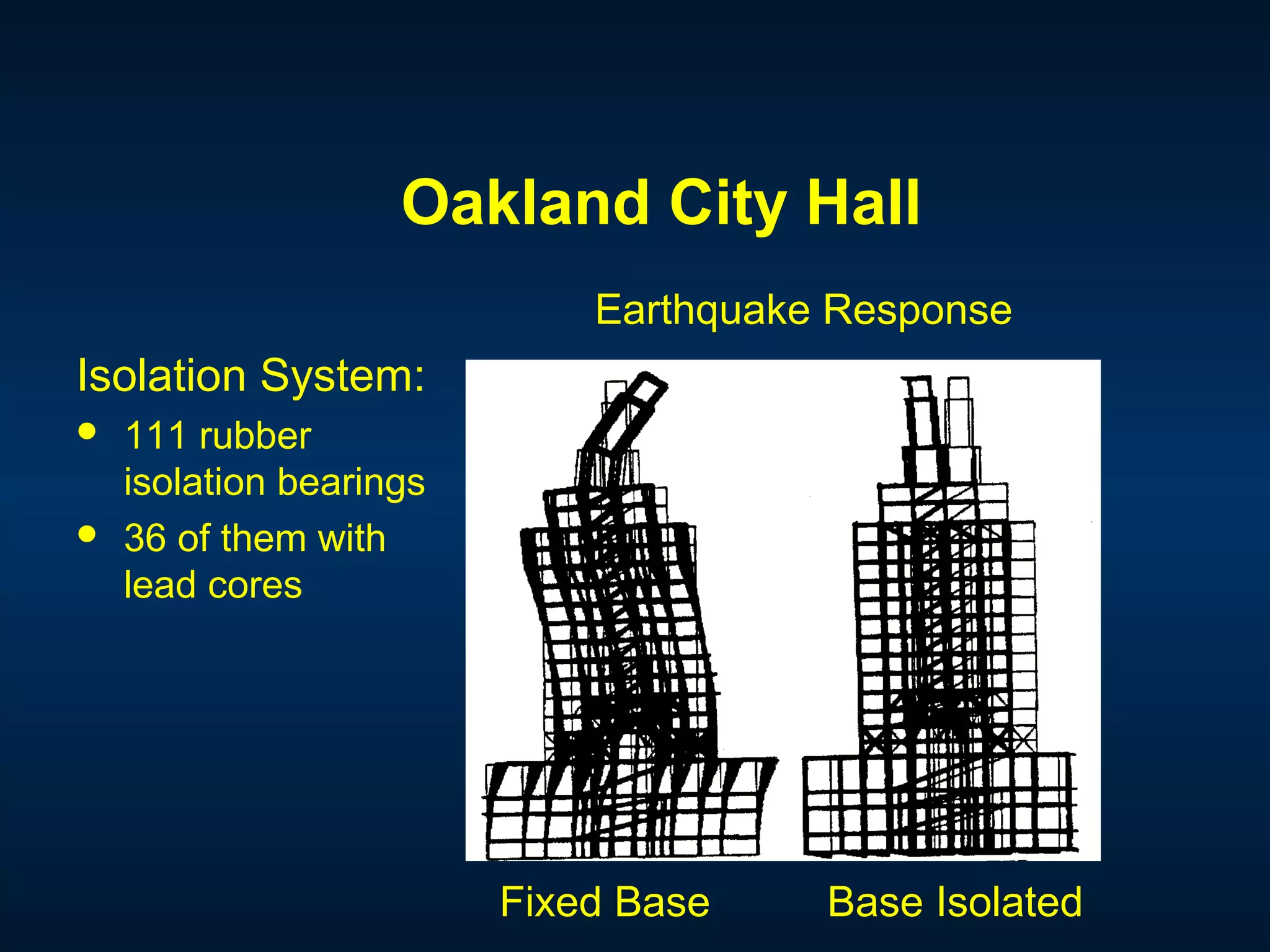 Oakland City Hall
Isolation System:
 111 rubber
isolation bearings
 36 of them with
lead cores
Fixed Base Base Isolated
Earthquake Response
 