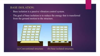 BASE ISOLATION:
 Base isolation is a passive vibration control system.
 The goal of base isolation is to reduce the energy that is transferred
from the ground motion to the structure.
(a) Conventional structure (b) base isolated structure.
 
