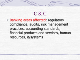 C & C Banking areas affected : regulatory compliance, audits, risk management practices, accounting standards, financial products and services, human resources, it/systems 