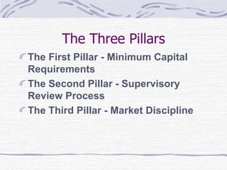 The Three Pillars The First Pillar - Minimum Capital Requirements The Second Pillar - Supervisory Review Process The Third Pillar - Market Discipline 