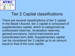 Tier 2 Capital classifications
There are several classifications of tier 2 capital.
In the Basel I Accord, tier 2 capital is composed of
supplementary capital, which is categorized as
undisclosed reserves, revaluation reserves,
general provisions, hybrid instruments and
subordinated term debt. Supplementary capital
can be considered tier 2 capital up to an amount
equal to that of the core capital.
 