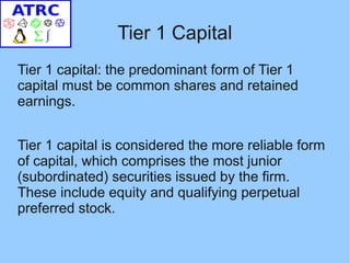 Tier 1 Capital
Tier 1 capital: the predominant form of Tier 1
capital must be common shares and retained
earnings.


Tier 1 capital is considered the more reliable form
of capital, which comprises the most junior
(subordinated) securities issued by the firm.
These include equity and qualifying perpetual
preferred stock.
 