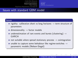 Credit Risk Measures
Credit Risk Mitigation
Model Implementation
Back Testing
Regulatory Requirements and Basel III
Analysis
Models
Software Development
GBM with Term Structure
Interpolation Principles
Interpolate dimension-less quantities
Forward Drift/Covariance
Dimensionality analysis → interpolate TΩ
c 2015 H¨aner Consulting CCR&CVA under Basel III 115 / 205
 