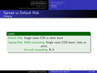 Credit Risk Measures
Credit Risk Mitigation
Model Implementation
Back Testing
Regulatory Requirements and Basel III
Netting Agreements
Collateralization
Hedging
Limiting
Hedging Instruments and Strategies
Static Hedges
Insurance for replacement of some asset on default:
Bond hedged by Credit Default Swap
Swap, CCYSwap Contingent Credit Default Swap (CCDS)
Netting sets insurance from CVA desk
Dynamic Hedges
Hedging default or spread risk: use instruments with price q. First
order:
Default ∆τ q = −∆τ p
Spread ∆sq = −∆sp
c 2015 H¨aner Consulting CCR&CVA under Basel III 47 / 205
 