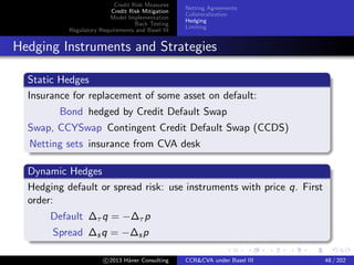 Credit Risk Measures
Credit Risk Mitigation
Model Implementation
Back Testing
Regulatory Requirements and Basel III
Netting Agreements
Collateralization
Hedging
Limiting
Cross Counterparty Hedges
Analogy Hedging Credit Risk for Bonds
Granularity Underlying Hedge
Single
Bond CDS
Netting Set CCDS
Portfolio
Bonds CDO
Netting Sest ”CCDO”
c 2015 H¨aner Consulting CCR&CVA under Basel III 48 / 205
 